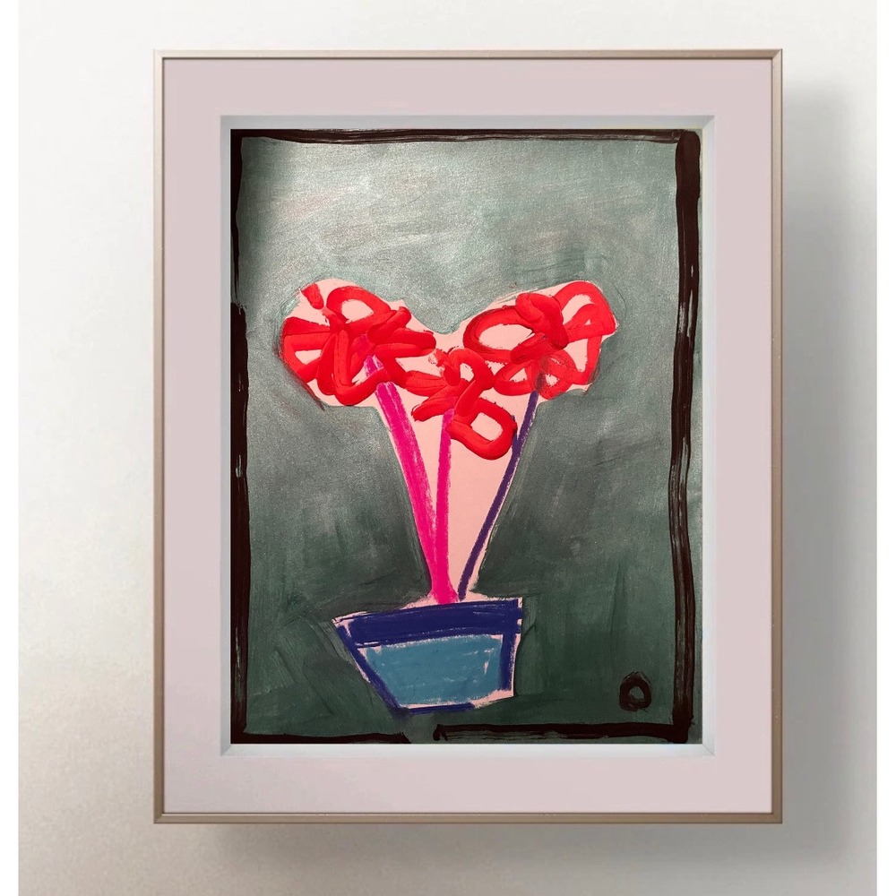 OMAN Original Abstract Floral Painting on Paper 8x11 Red Flowers Blue Vase